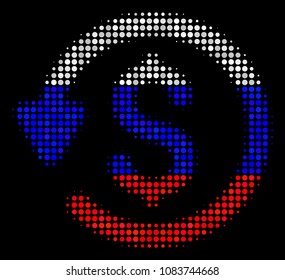 Halftone Refund pictogram colored in Russian state flag colors on a dark background. Vector collage of refund icon composed with circle blots. Designed for political and Russian patriotic agitprop.