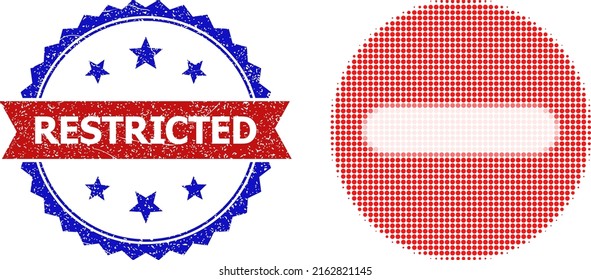 Halftone Restricted Icon, And Bicolor Scratched Restricted Watermark. Halftone Restricted Icon Is Made With Small Circle Items. Vector Watermark With Unclean Bicolored Style,