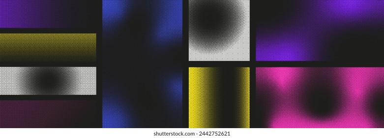 Halftone retro abstract bitmap banner set. Geometric Grunge colorful frame pixel dots texture. Vector illustration