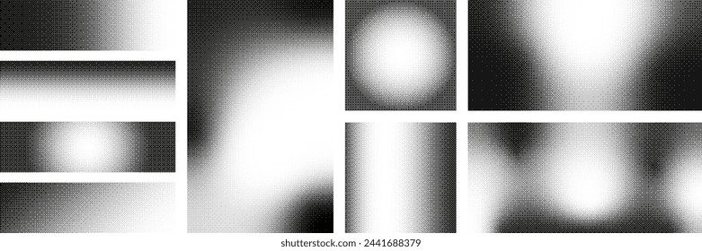 Halftone retro abstract bitmap rectangle element set. Geometric Grunge black frame dither dots texture. Vector illustration