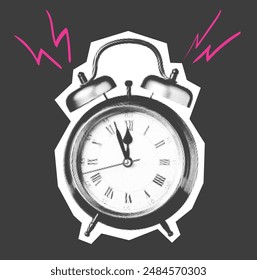 Halftone retro alarm clock with doodle lightning bolts.
Time management and deadlines concept in vintage pop art style. Paper cut element