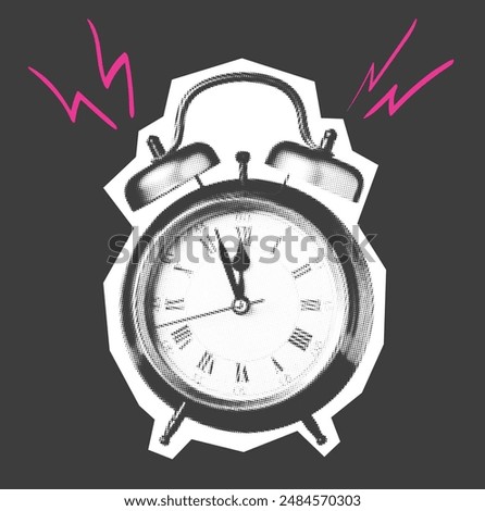 Halftone retro alarm clock with doodle lightning bolts.
Time management and deadlines concept in vintage pop art style. Paper cut element