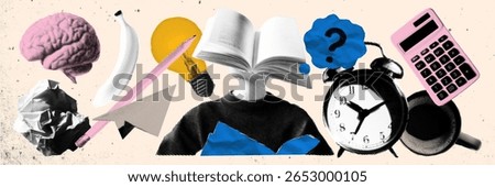 Halftone retro Collage with brain, calculator, coffee mug and book-headed student on textured beige background