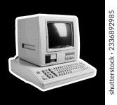 Halftone retro computer. Collage design element in trendy magazine style. Vector illustration with vintage cutout shape.