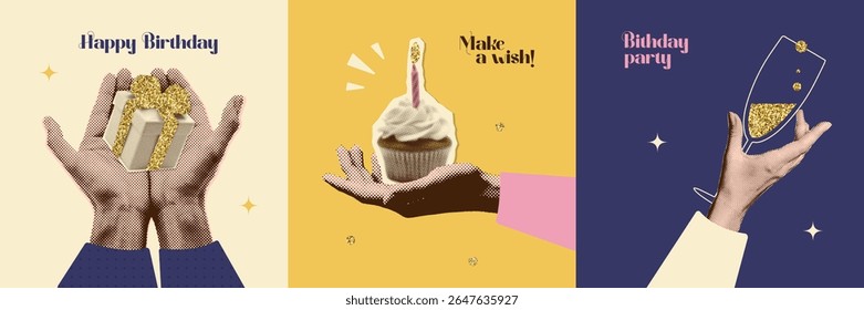 cartões de saudação retro de meio-tom definido com Mão dando presente, segurando cupcake e copo de champanhe. Símbolo de colagem estilo misto de recorte de papel gestual. adesivo de design de estilo de mídia de férias. Vetor