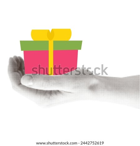 Halftone retro Hand holding gift box with ribbon. Gesture paper cutout mixed style collage symbol. Holiday media style design sticker. Vector illustration