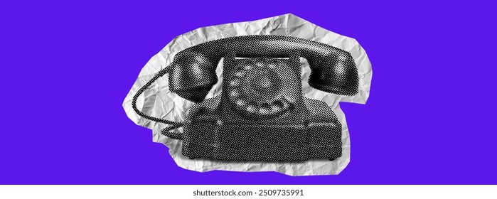 Telefone retrô de meio-tom. Elemento de design de colagem em estilo de revista na moda. Ilustração vetorial com forma de recorte vintage.