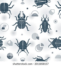 Halftone Retro Seamless Pattern with Bugs and Geometric Shapes. Black Beetles Abstract Background. Vintage Monochrome Wallpaper with Insects. Vector illustration