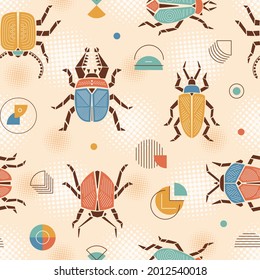 Halftone Retro Seamless Pattern with Bugs and Geometric Shapes. Colorful Beetles Abstract Background. Vintage Wallpaper with Insects. Vector illustration