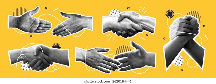 Halftone retro stickers with handshakes. Vintage patch set with hands of entrepreneurs and partners reaching out to each other. Agreement and deal. Realistic vector illustration isolated on background