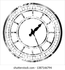 Halftone retro styled clock face isolated on white background