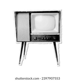 Halftone retro television device on legs. Vintage TV paper sticker collage element. Vector dotted illustration of grunge 80s design.