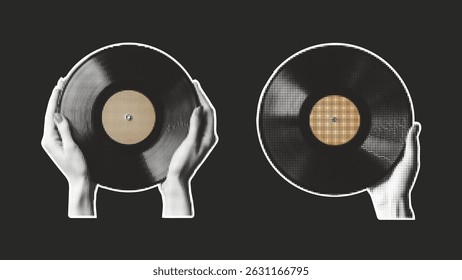 Halftone Retro Vinyl Record Vector Set Hands Holding LPs On Dark Background  Music Design Project Collection