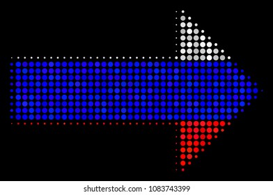 Halftone Right Arrow icon colored in Russia state flag colors on a dark background. Vector pattern of right arrow icon designed of round pixels.