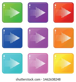 Halftone rigth arrow icons set 9 color collection isolated on white for any design