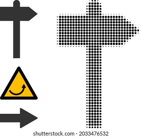 Halftone road pointer. Dotted road pointer designed with small round pixels. Vector illustration of road pointer icon on a white background. Halftone pattern contains round pixels.