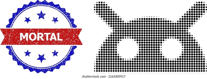 Halftone robot head icon, and bicolor dirty Mortal seal stamp. Halftone robot head icon is constructed with small spheric points. Vector imprint with unclean bicolored style,