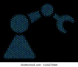 Halftone Robotics manipulator composition icon of circle bubbles in blue color tinges on a black background. Vector circle items are combined into robotics manipulator composition.