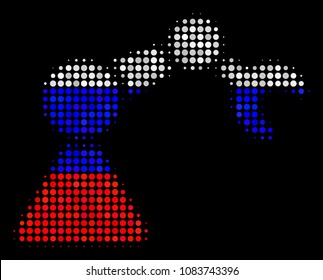 Halftone Robotics Manipulator icon colored in Russian state flag colors on a dark background. Vector composition of robotics manipulator icon made with circle spots.