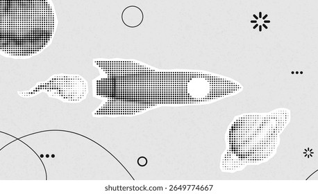 Halftone Rocket Flying in Space — Abstract Vintage Space Exploration Graphic