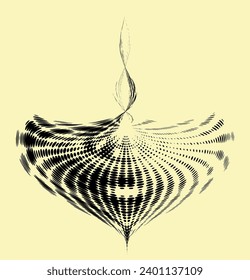 Halftone rolled polka dot mandala with radial dotted rays and top curled extension. Whirlabout shape. Lightening the right side with space for copying text. For logos, trademarks, emblems. Vector.
