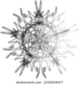 Halftone rolling blurred polka dot mandala with highlighted sector. Simulation of a blurry, fuzzy image in motion. Space for copy text. Vector.