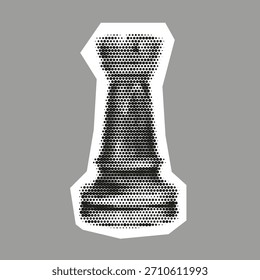 Pieza de ajedrez de torre de medio tono con contorno blanco audaz sobre fondo gris, que combina estilos retro y modernos.