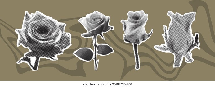 Halftone roses with splatters of spray paint. Floral mixed media design, old-school punk collage  Isolated Y2K stylish vector image
