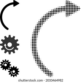 Halftone rotiert nach rechts. Gekritzte Drehbewegung rechts, gemacht mit kleinen runden Pixeln. Vektorgrafik des rotierenden rechten Symbols auf weißem Hintergrund. Halftone Muster enthält Kreis-Pixel.