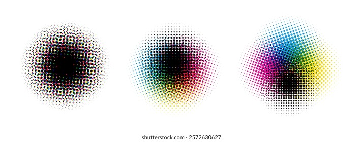 Halftone round background set. CMYK color dotted half tone shapes. Grunge ink press splash stains and blots. CMYK textured pixelated circle gradient collection. Print production glitch. Vector