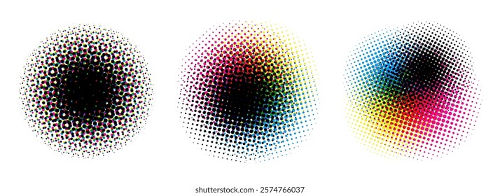 Halftone round background set. CMYK color dotted half tone shapes. Grunge ink press splash stains and blots. CMYK textured pixelated circle gradient collection. Print production glitch spots. Vector