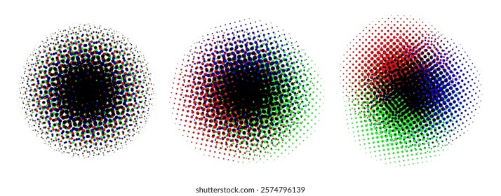 Halftone round background set. RGB color dotted half tone shapes. Grunge ink press splash stains and blots. RGB textured pixelated circle gradient collection. Print production raster glitch. Vector