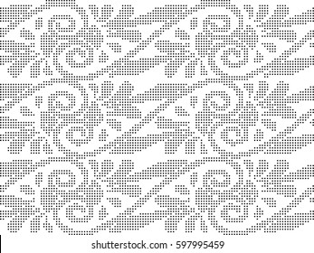Halftone round black seamless background spiral cross vine flower