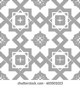 Halftone round black seamless background square star check cross frame flower