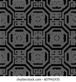 Halftone round black seamless background octagon spiral square cross