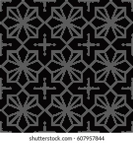 Halftone round black seamless background cross star line
