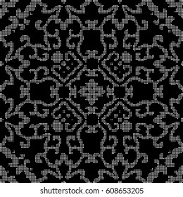 Halftone round black seamless background curve cross vine flower