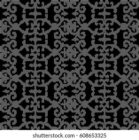 Halftone round black seamless background curve spiral chain flower