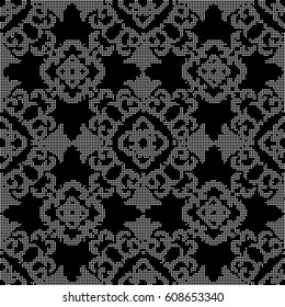 Halftone round black seamless background curve cross vine flower