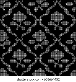 Halftone round black seamless background spiral curve cross flower