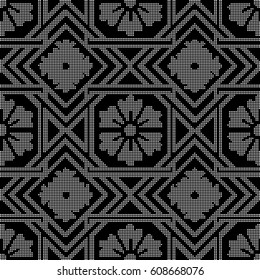 Halftone round black seamless background square check cross flower