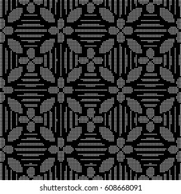 Halftone round black seamless background curve cross line flower