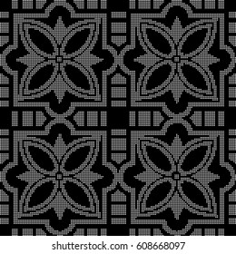 Halftone round black seamless background square cross star flower