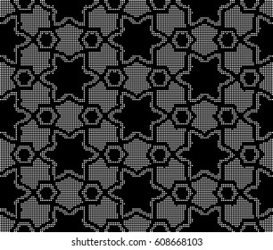 Halftone round black seamless background star polygon geometry cross