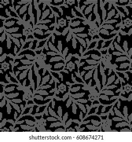 Halftone round black seamless background spiral leaf vine flower