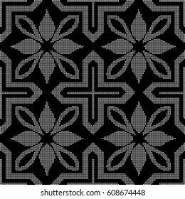 Halftone round black seamless background cross geometry flower