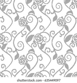 Halftone round black seamless background spiral leaf vine rose flower
