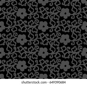 Halftone round black seamless background spiral curve leaf vine flower