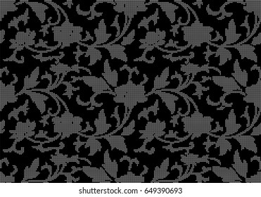 Halftone round black seamless background retro botanic garden flower vine