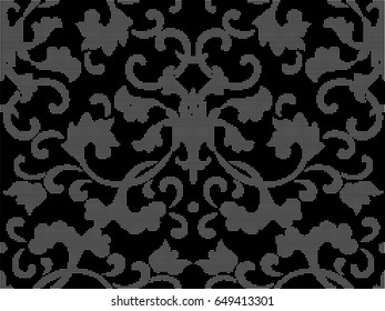 Halftone round black seamless background oriental Chinese botanic spiral flower leaf chintz